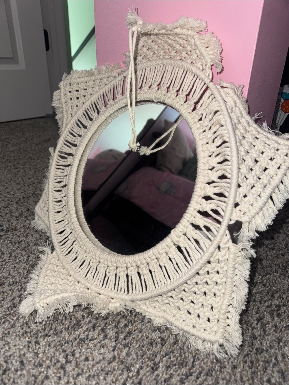 Handcrafted Cream Macramé Round Wall Mirror - Boho Accent